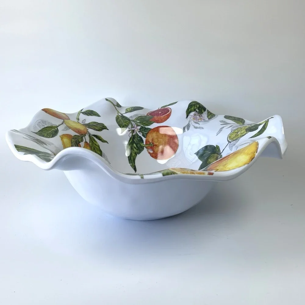 Nicole Miller 100% Melamine Lemon‎ Fruit Scalloped Deep Serving Salad Bowl 15X5